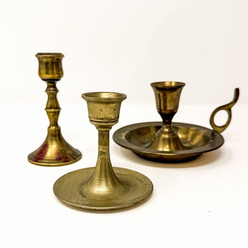 Vintage Brass Candlestick Holders Lot of 3 Chamberstick Taper Candle Decor
